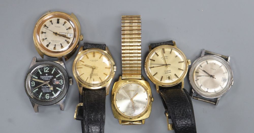 Six assorted gentlemans wrist watches including Timex, Rotary and Forster.